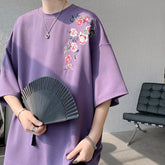 Hearujoy 5 Colors Summer Flower Embroidery T-shirt Men's Loose Short-sleeved Casual Tee Shirt Couple O Neck Floral Oversize T shirt